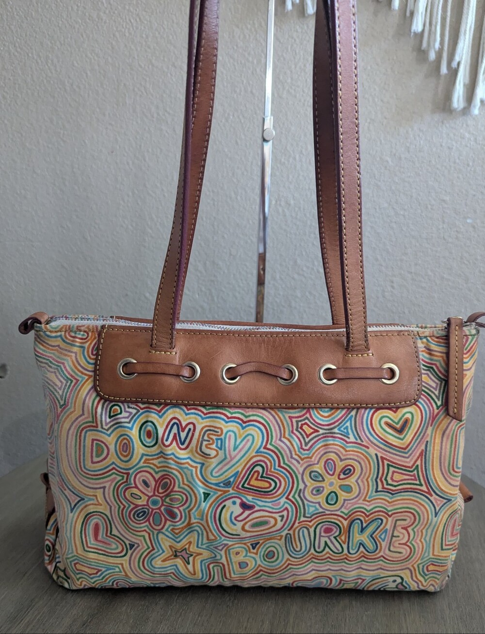 🌹 Dooney & Bourke Multicolor Canvas Tote with Brown Leather Trim